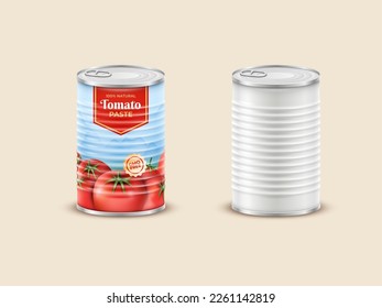 Tomato paste packaging. Sauce can for 3D picnic label. Tin mockup. Red vegetable food. Shop merchandise. Ketchup package template. Grocery product container. Vector canned ingredient