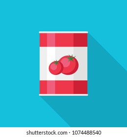 Tomato paste tin can flat icon with long shadow isolated on blue background. Canned food with tomatoes in flat style, vector illustration for web and mobile design.