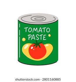 Tomato paste tin can green metallic container with red tomato text layout. Healthy organic food ingredient grocery product retail supermarket kitchen cooking store vector