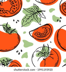 TOMATO PATTERN Abstract Delicious Ripe Vegetable With Leaves And Cut In Half For Your Design Hand Drawn Food In Sketch Seamless Background Vector Illustration