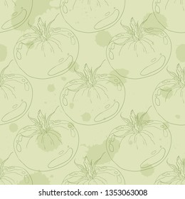 Tomato pattern.  Green tomatoes on green background. Line art illustration. Hand drawn sketch tomatoes background.