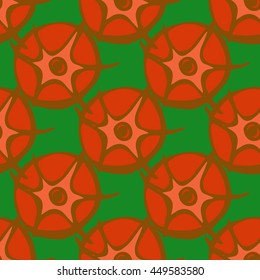 Tomato pattern on a bright green background. Ripe red tomatoes, juicy pulp. Seamless texture. Suitable for packaging, labels, business cards, Wallpaper and fabrics.
