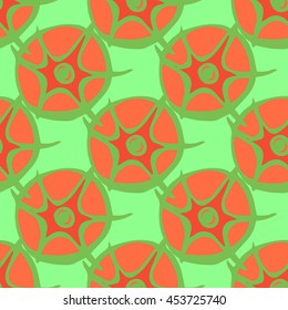 Tomato pattern on a pale turquoise background. Bright red tomatoes, juicy flesh. Seamless texture. Suitable for packaging, labels, business cards, Wallpaper, and fabrics.