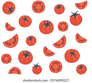 Tomato pattern. Red tomato vintage t-shirt design. Organic vegetable farm. Tomato vegetable artwork for t shirt print, poster, sticker and other uses. Fresh vegan food. Blooming tomatoes art.