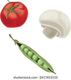 tomato peas mushroom vegetables 3D. Icons 3d realistic render vector object. vegetable, pea, food, tomato, fresh, green, mushroom, ingredient