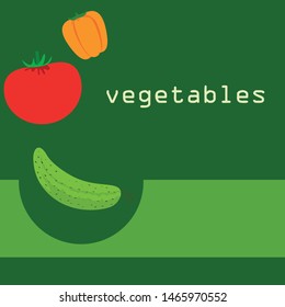 Tomato, pepper, cucumber. Fresh vegetables. Organic food poster. Farmer market design. Vector background