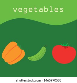 Tomato, pepper, cucumber. Fresh vegetables. Organic food poster. Farmer market design. Vector background