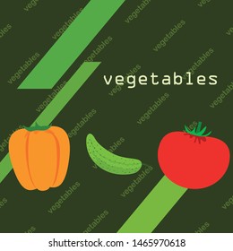 Tomato, pepper, cucumber. Fresh vegetables. Organic food poster. Farmer market design. Vector background