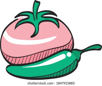 Tomato and pepper icon in color drawing. Spice cooking healthy lifestyle