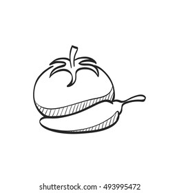 Tomato and pepper icon in doodle sketch lines. Spice cooking healthy lifestyle