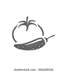 Icono de tomate y pimienta en textura grunge. Ilustración vectorial de estilo vintage.