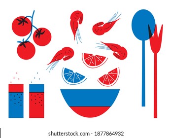 Tomato, pepper, lemon, shrimps.  Flat vector icon of appetizing salad. Abstract seafood in ceramic bowl. Funny colored typography poster, apparel print design, bar menu decoration. Isolated. EPS 10. 