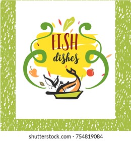 Ð?Ð°Ñ?ÐµÐ½Ð°Ñ� Ñ?ÐµÐ»Ð°Ñ� Ñ?Ñ?Ð±Ð° with tomato, pepper and salad. Yellow spot and green background. Delicious eco healthy dish. Sketch vector illustration. 