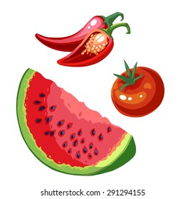 Tomato, peppers and slice of watermelon on white background
