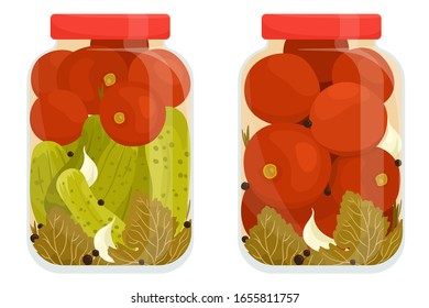Los pepinillos y pepinos de tomate en tarros. Verduras enlatadas. El vector se aísla en un estilo realista sobre un fondo blanco.