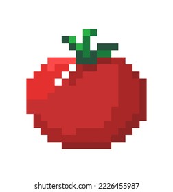 Arte de píxeles de tomate, signo de productos orgánicos y naturales. Vegetales maduros con hojas, alimento y alimentos naturales e ingredientes. Icono aislado en píxeles, diseño de juegos de 8 bits, vector de estilo plano