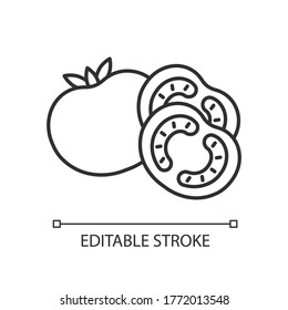 Tomato pixel perfect linear icon. Ketchup sauce recipe. Fresh vegetable and nourishment. Thin line customizable illustration. Contour symbol. Vector isolated outline drawing. Editable stroke