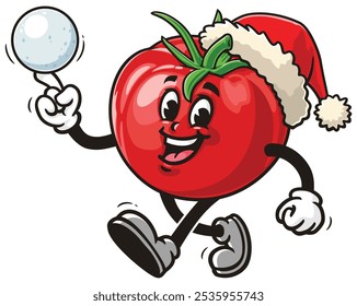 Tomato playing snowballs and wearing a christmas hat, Cartoon Mascot Illustration Character Vector Clip-Art Hand-Drawn Logo Design