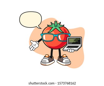 Tomato programmer with speech bubble cartoon. Mascot Character vector.