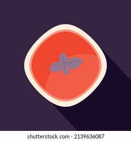 Tomato Puree Soup With Basil Leaves, Flat Style Vector Illustration