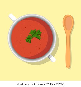 Tomato puree soup bowl with parsley healthy diet meal on plate. Vector illustration. Simple flat stock image. Hot vegetable cream soup on table healthy food nutrition 
