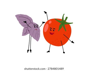 Tomato and purple basil, two friendly characters. Best flavor combination in dishes. Flat vector illustration for Italian cuisine branding, recipe cards, farm market graphics, food pairing concepts