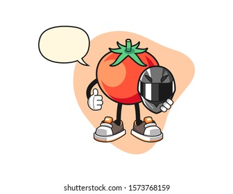 Tomato racer with speech bubble cartoon. Mascot Character vector.