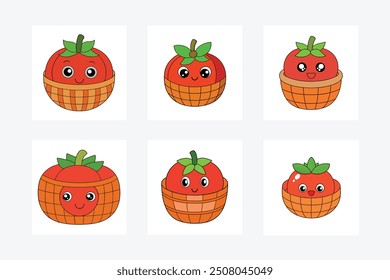 Tomate en la cesta de almacenamiento de ratán Vector arte kawaii sobre fondo blanco