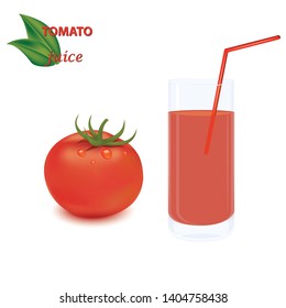 Tomato realistic and glass with tomato juice and straw - isolated on white background - vector
