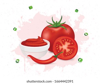 tomato and red chili vector illustration with a bowl of tomato sauce