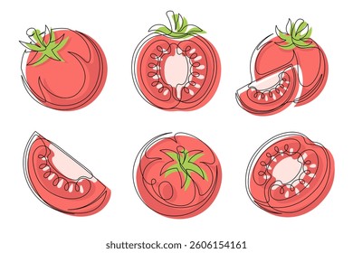 Tomato red continuous one line drawing icon set. Editable stroke. Outline tomato vegetable collections isolated on a white background. Vector illustration