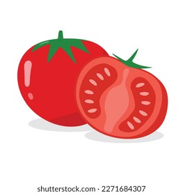 Tomato red fresh with leaves. Slice tomato with tomato seeds on white background. Cartoon style. 