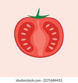 Tomato red fresh with leaves. Slice tomato with tomato seeds on white background. Cartoon style.