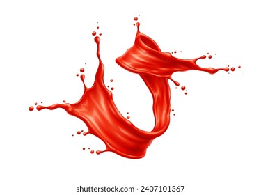 Tomato red juice or ketchup sauce tornado swirl splash. Vector 3d tomato vegetable food condiment, juice drink or ketchup sauce realistic spiral flow with red juicy drops, splatters and smooth texture