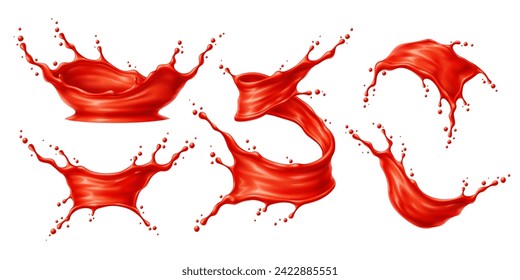 Tomato red juice or ketchup sauce splashes. Corona and swirl, tornado and wave flow vector 3d set of liquid food condiment, ketchup or tomato vegetable drink with realistic juicy drops and splatters