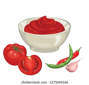 
Tomato red sauce isolated on white background. Ceramic dip bowl, filled  ketchup. Whole and half tomato, chili, garlic. Vector illustration of food in cartoon flat style.