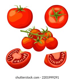 tomato red set cartoon. vegetable food, ripe fresh, organic leaf, green raw, plant agriculture cut tomato red vector illustration