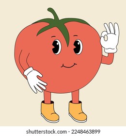 Tomato in retro cartoon style illustration. Healthy food vector illustration 