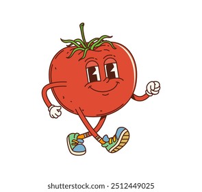 Tomate retro groovy personagem churrasco. Personagem vegetal de tomate maduro vetor isolado do desenho animado com cor vermelha vibrante, olhos vivos e rosto sorridente, usa tênis e luvas, caminhando para festa de churrasco