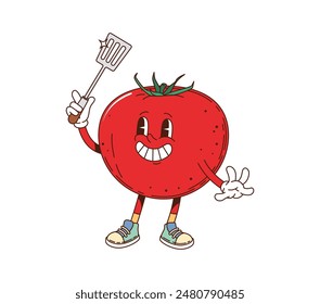 Tomate retro groovy barbacoa personaje de parrilla blandiendo una herramienta de espátula. Personaje vegetal maduro de Vector de dibujos animados aislado con un color rojo vibrante, ojos vivos y cara sonriente, lleva zapatillas y guantes