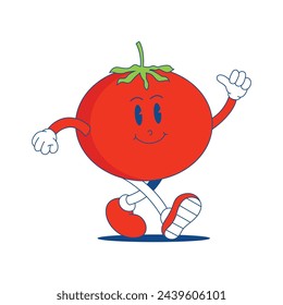 Mascota retro de tomate. Caricatura divertida de Tomato.