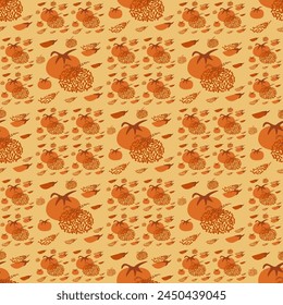 Tomato retro seamless pattern. Whole vegetable and slice Tomatoes repeat background with dots decorations. Stylized simple loop ornament. Vector illustration.