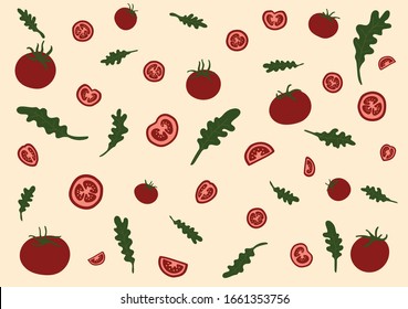 Tomato and Rocket Arugula Lettuce Vector Background Pattern
