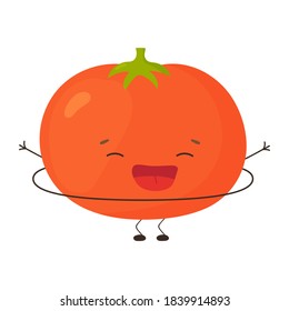Tomato rotates the hula hoop on white background. Sport concept.