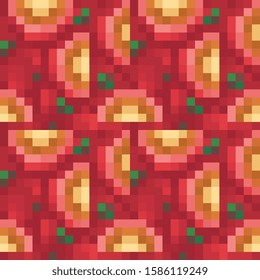 Tomato salad seamless pattern for pixel art style game, fabric textures. Isolated vector illustration. 1-bit. Design for stickers, logo, web, mobile app. 