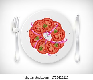 Tomato salad with tomatoes slices, red onion rings, parsley leaves, oregano spice on white plate, fork, knife. Top view. Healthy vegetarian mediterranean food. Vector illustration on white background.