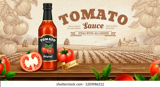 Tomato sauce banner ads with engraved nature background in 3d illustration