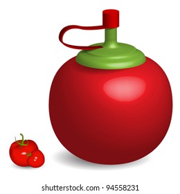 tomato sauce bottle and tomatoes against white background, abstract vector art illustration; image contains gradient mesh and transparency