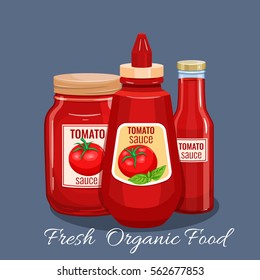 Tomato sauce bottle. Vector illustration for restaurant menu.