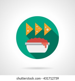 Tomato sauce in bowl and nachos with long shadow. Recipes of traditional Mexican cuisine. Spicy food, restaurant menu. Round flat color vector icon